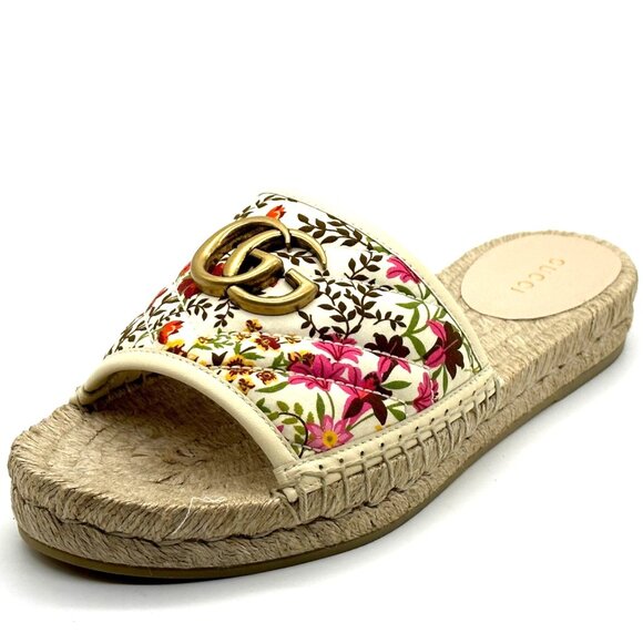 Gucci Pilar GG Quilted Floral Fabric Espadrille Slide Sandal Flat Shoes - Picture 1 of 11